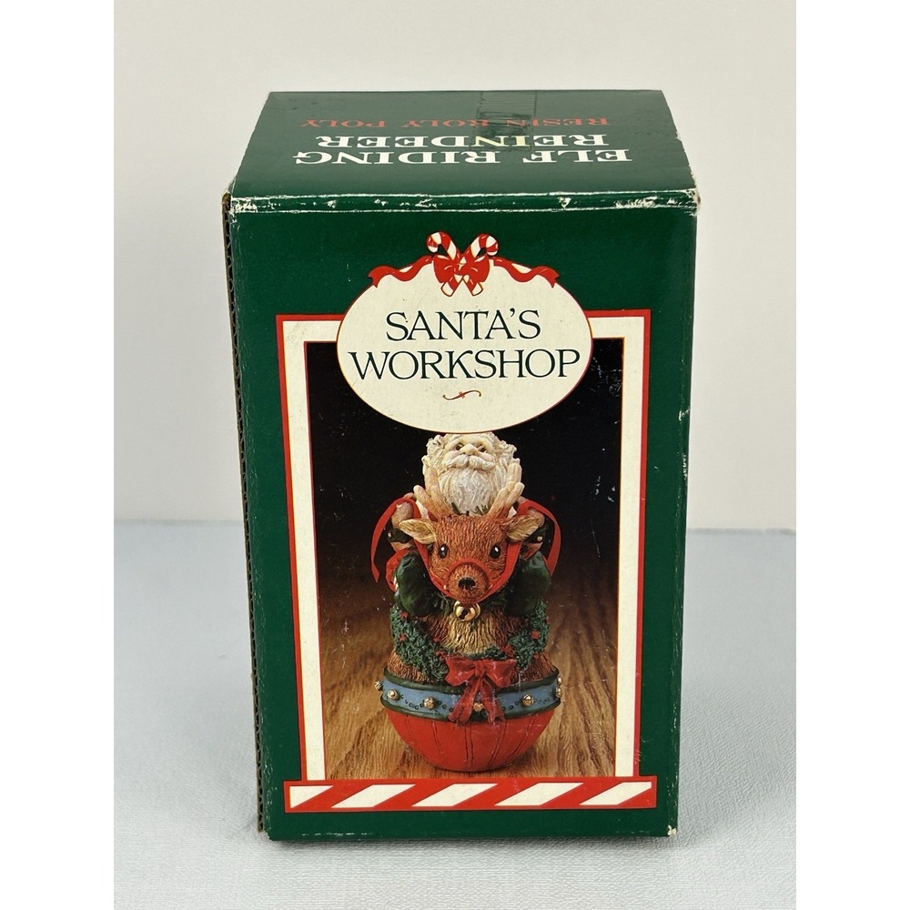 Vintage Santa's Workshop Elf Riding Reindeer Roly Poly Resin Figurine Box